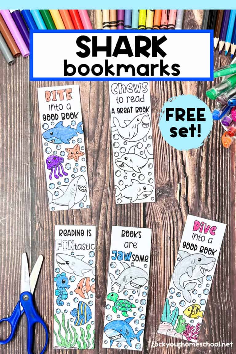 Five examples of free printable shark coloring bookmarks with blue scissors and gel pens.