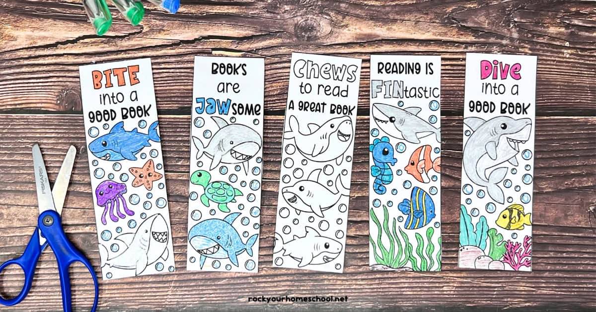 5 examples of shark bookmarks to color with scissors with gel pens.
