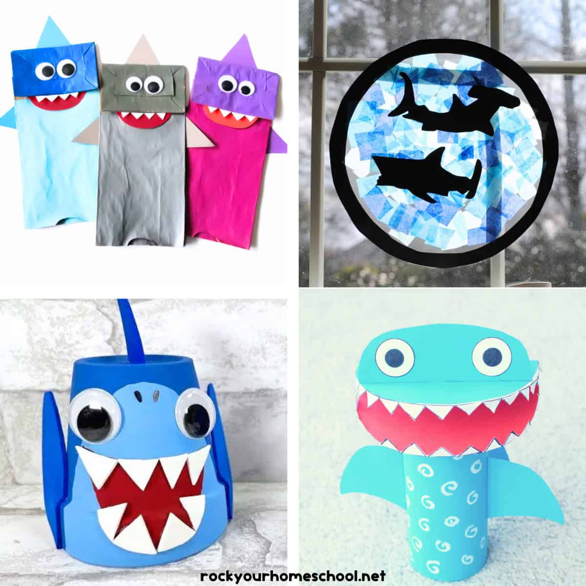 Four examples of shark crafts for kids including paper bag puppets, tissue paper silhouette, clay pot, and toilet paper roll crafts.