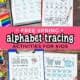 Four examples of spring alphabet tracing worksheets and print alphabet chart.