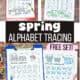 Four examples of free printable spring alphabet tracing worksheets.