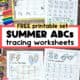 Three examples of alphabet tracing worksheets with summer themes and alphabet tracing practice page in dry erase sleeve pocket.