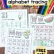 Three examples of free printable alphabet tracing worksheets with summer themes.