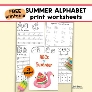 Examples of free printable summer alphabet print worksheets.
