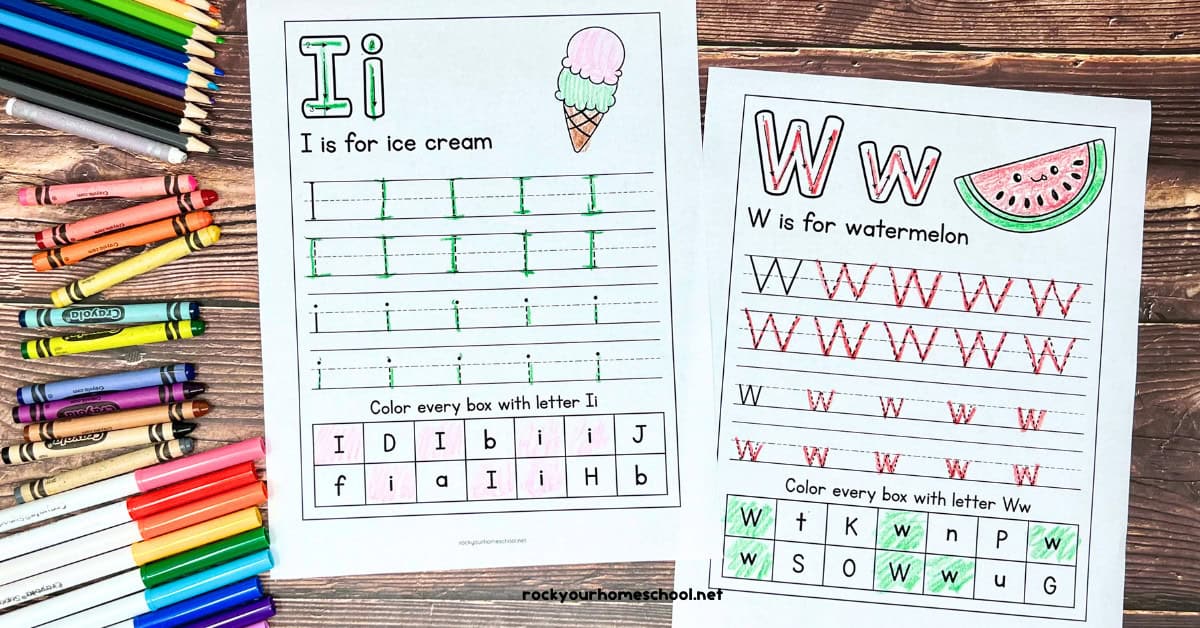 Two examples of free printable ABCs of summer print handwriting worksheets featuring Ii for ice cream and Ww is for watermelon.