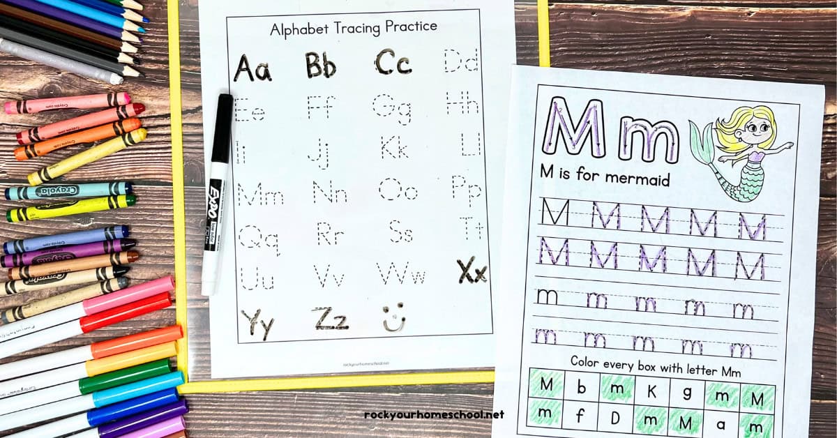 Examples of free printable ABCs of summer worksheets for print handwriting featuring alphabet tracing practice page with dry erase marker and Mm is for mermaid.