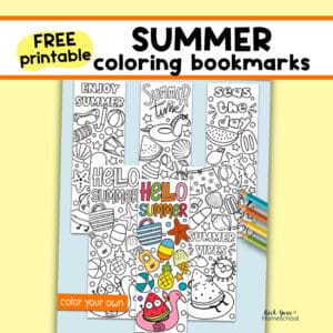 Examples of free printable summer bookmarks to color for kids.