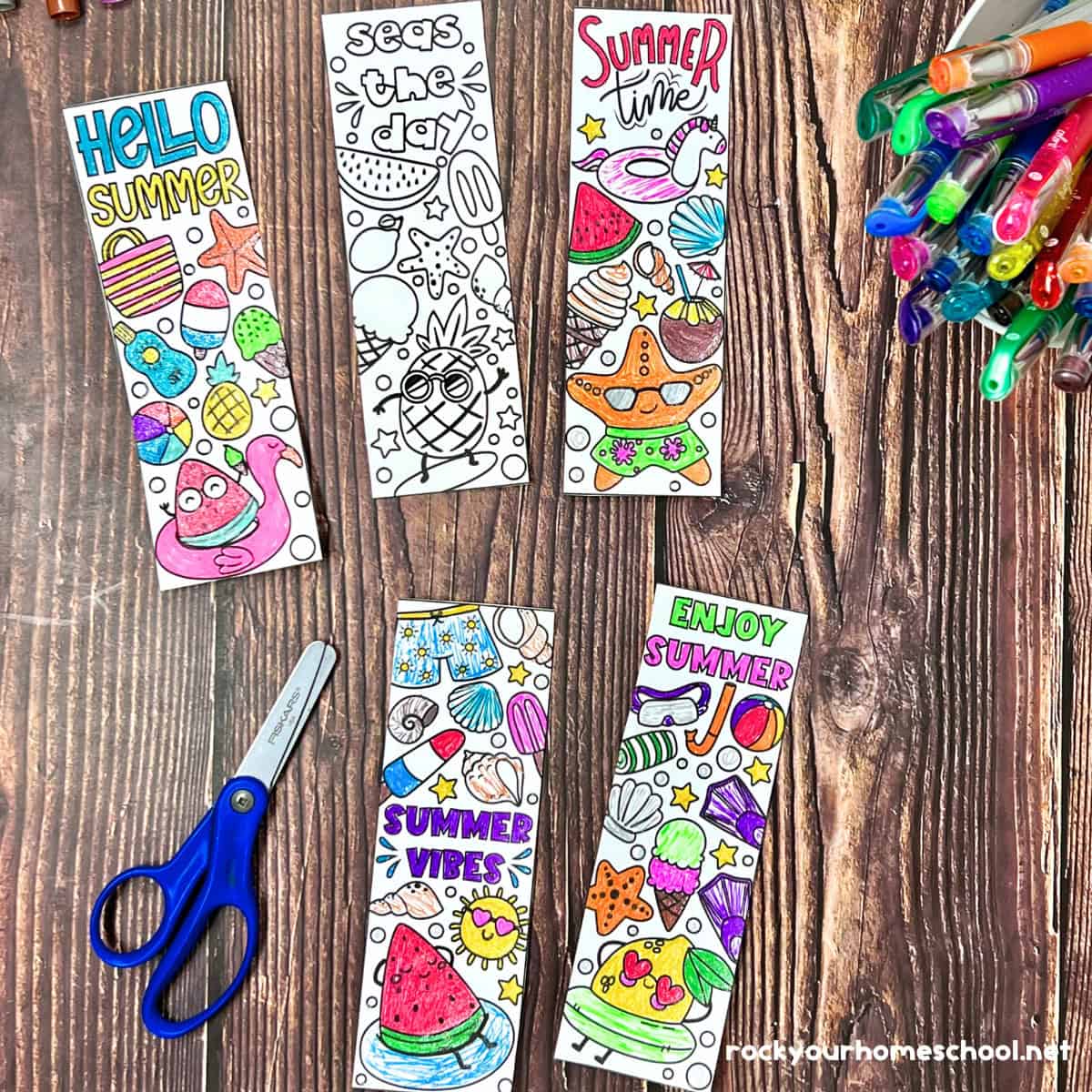 Five examples of free printable summer bookmarks to color.