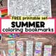 Page of free printable summer bookmarks and woman holding examples.