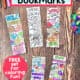 Five examples of summer coloring bookmarks with gel pens and blue scissors.