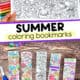 Woman holding printable page of coloring bookmarks with summer themes and examples.