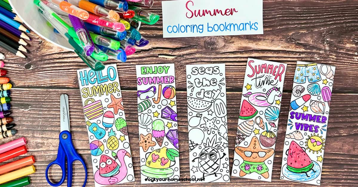 5 examples of summer coloring bookmarks with gel pens, scissors, color pencils, crayons, and markers.