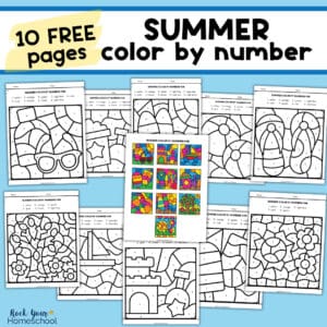 10 pages of summer color by number printables and answer key.