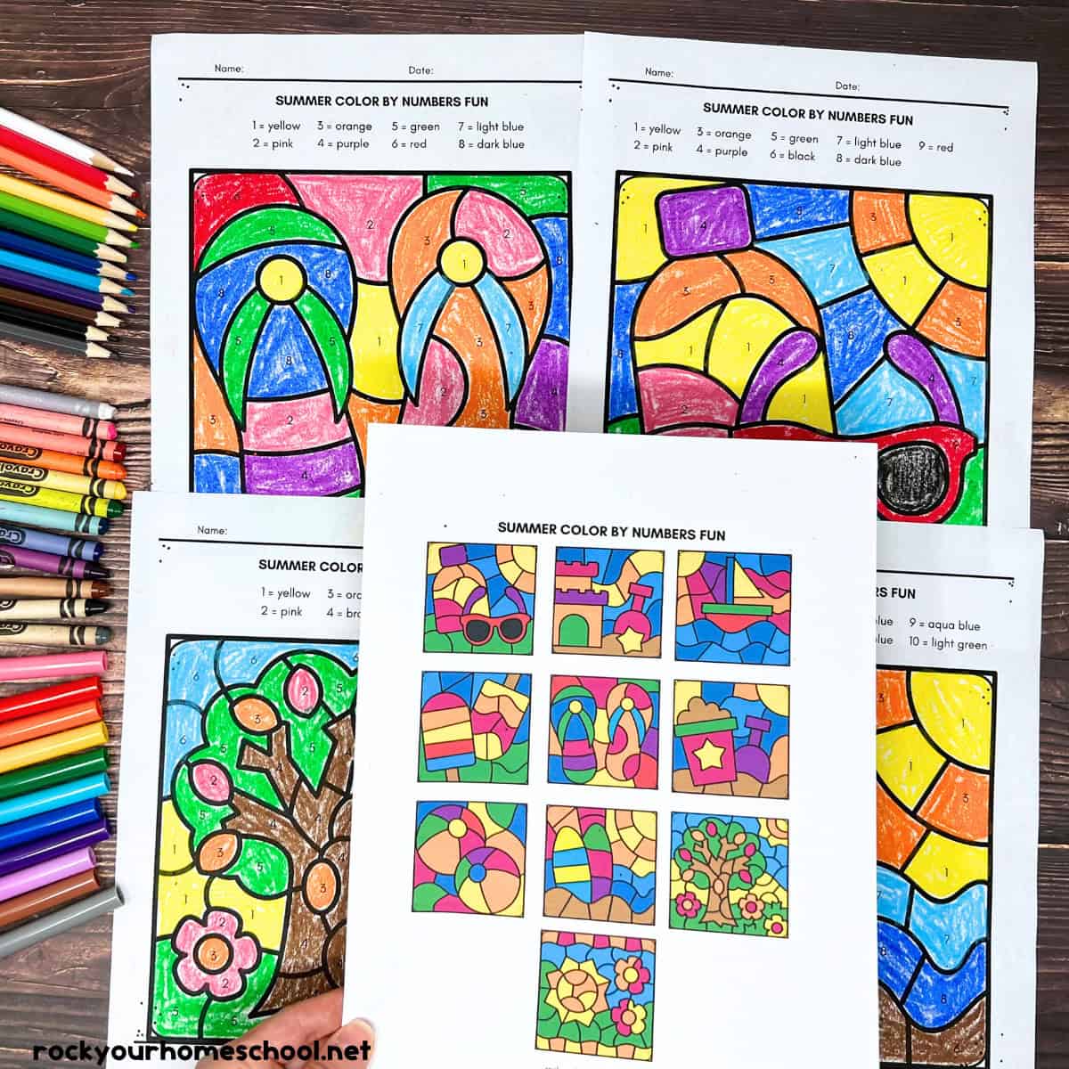 Four examples of summer color by number pages with woman holding color answer key.