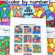 Four examples of summer color by number pages with woman holding answer key.