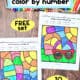 Two examples of free printable summer color by number pages featuring surfboards and sunglasses and sunscreen.
