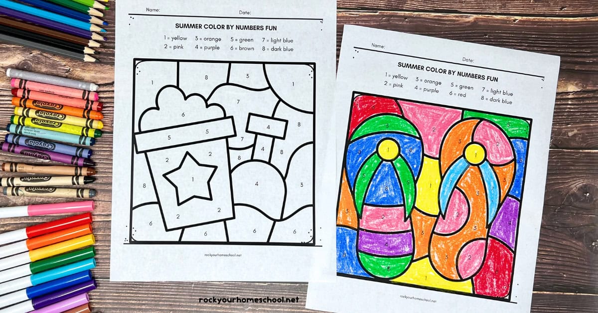 Two examples of color by number pages with summer themes of bucket with sand and shovel and pair of flip flops.