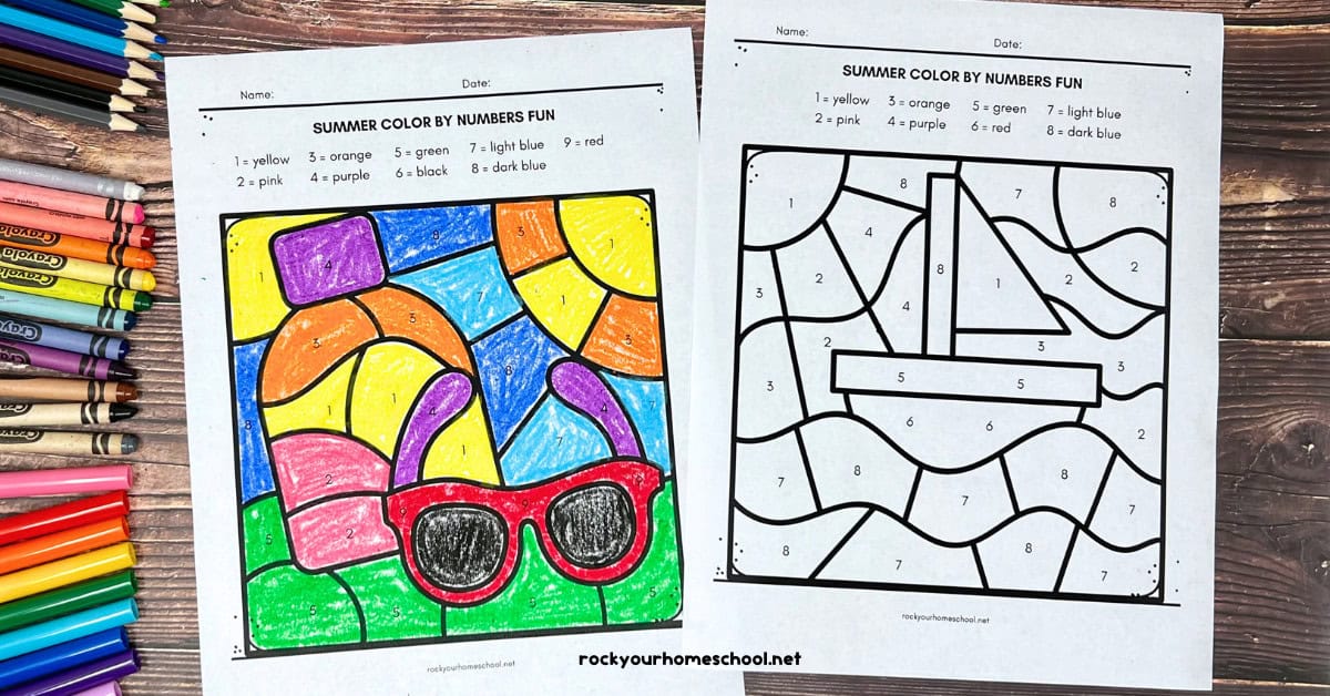 2 example of free printable summer color by number worksheets featuring sunglasses and sunscreen and sailboat on water.