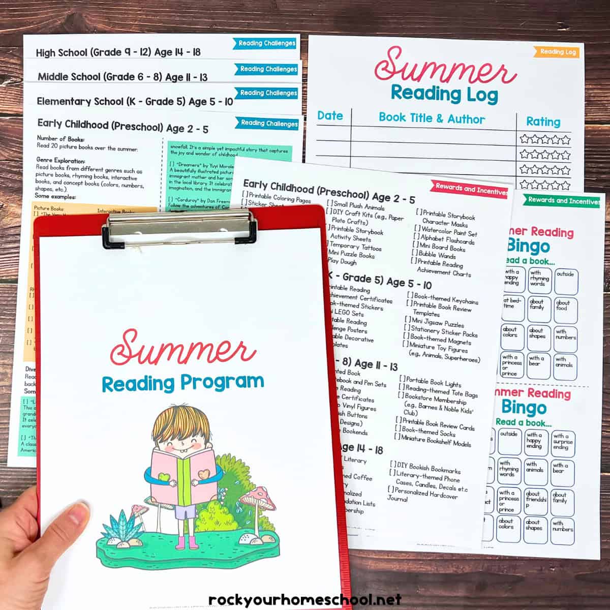 Woman holding cover for Summer Reading Challenges for kids of all ages with printable resources from the kit in the background.