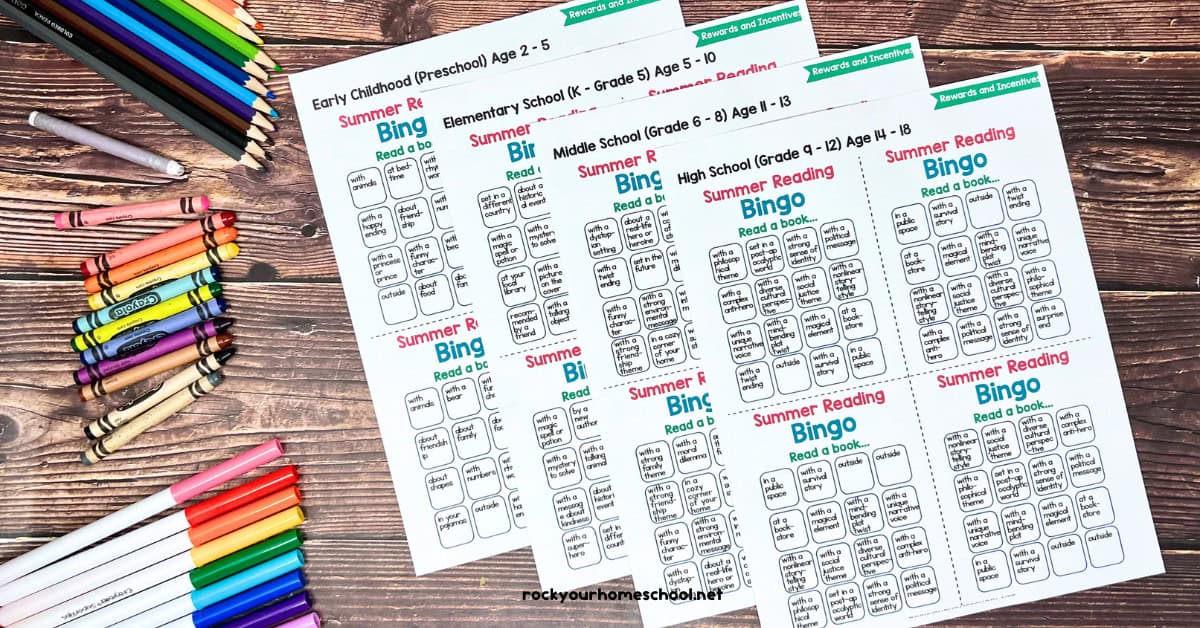 Four pages from Summer Reading Challenges for kids of all ages kit with bingo games for preschool, elementary, middle school, and high school.
