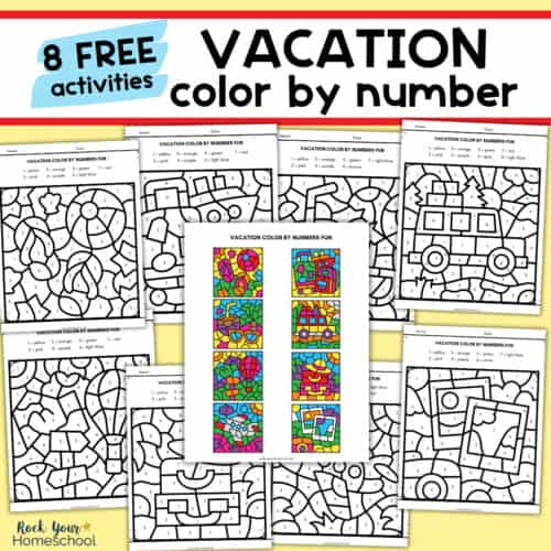 Eight pages of vacation color by number activities with answer key.