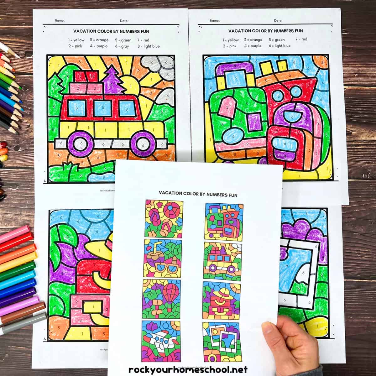 Four examples of free printable vacation color by number pages with woman holding answer key.