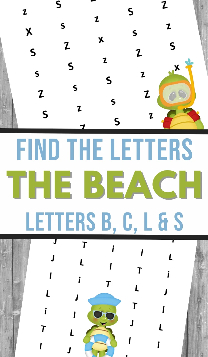 Two examples of at the beach letter find worksheets.