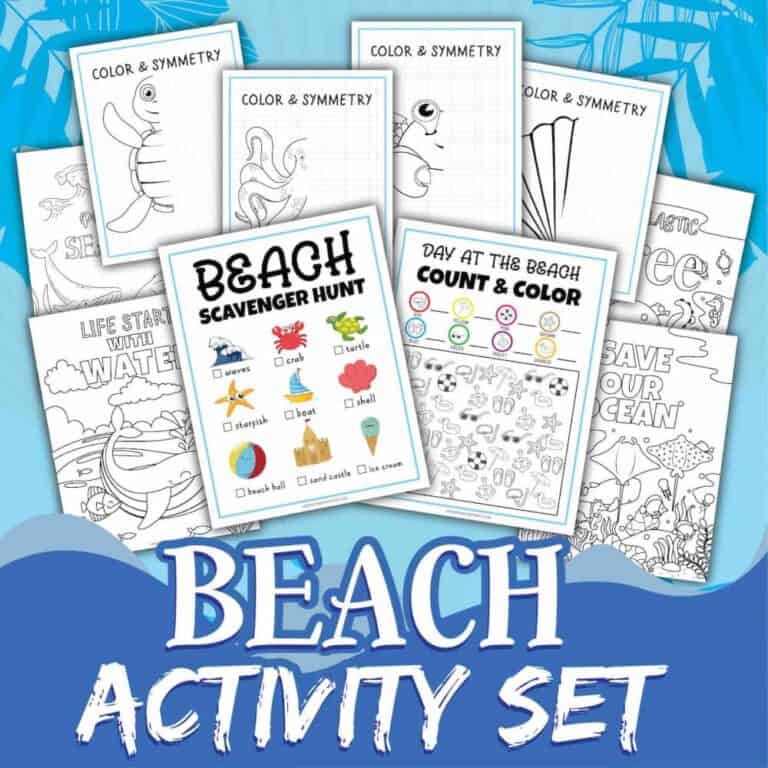Examples from At the Beach worksheets for kids pack.