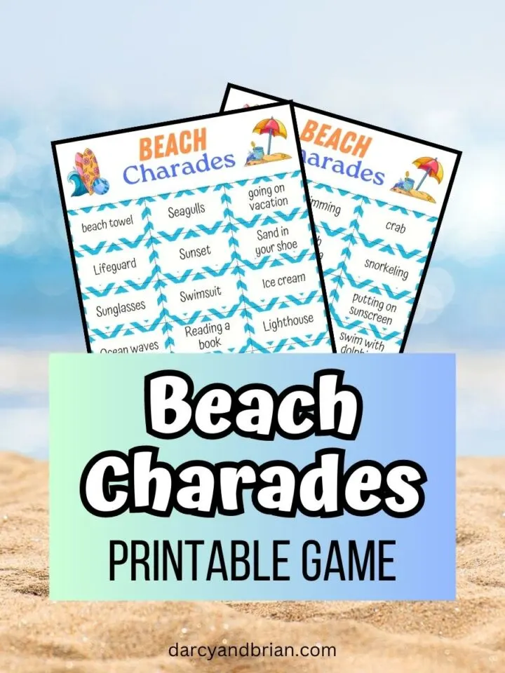 Two pages of beach charades printable game.