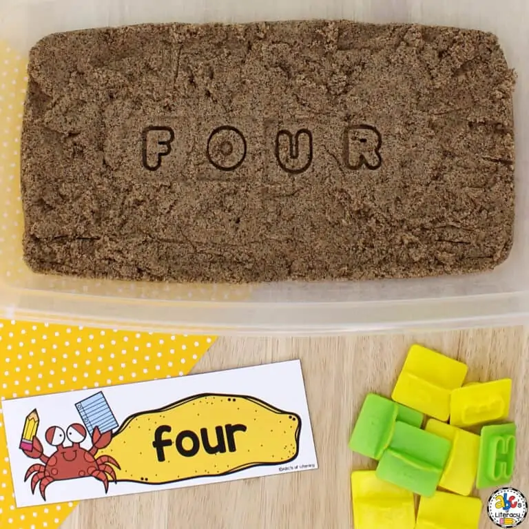 Example of beach sight word activity with sand.