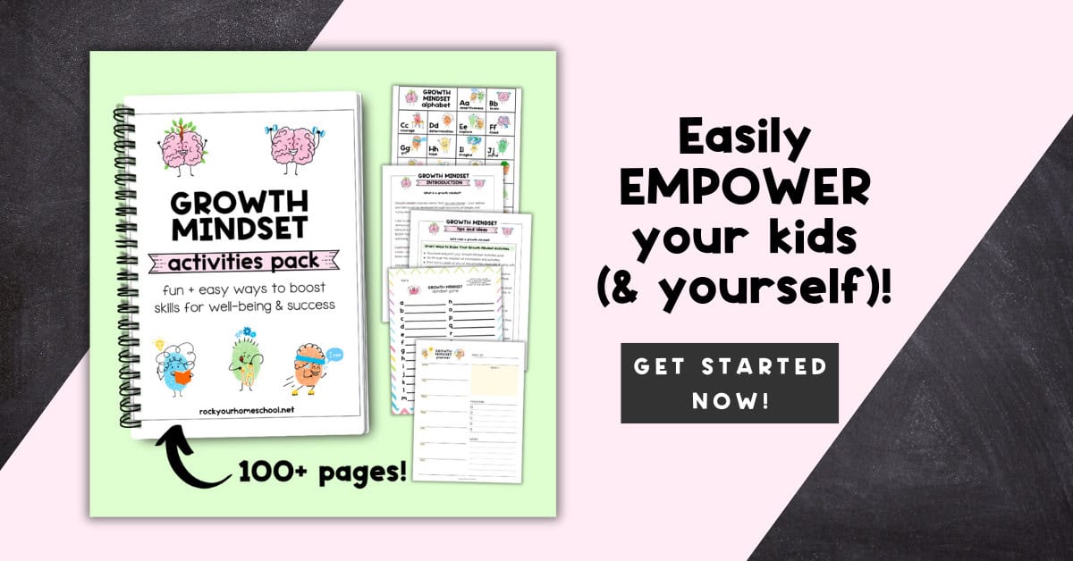 Growth Mindset Activities Pack cover with pages from this printable set including Growth Mindset alphabet chart, introduction, tips and ideas, alphabet game, and planner page.