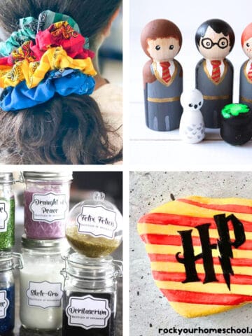 4 examples of DIY Harry Potter party favor ideas like hair scrunchies, peg dolls, slime, and painted rocks.