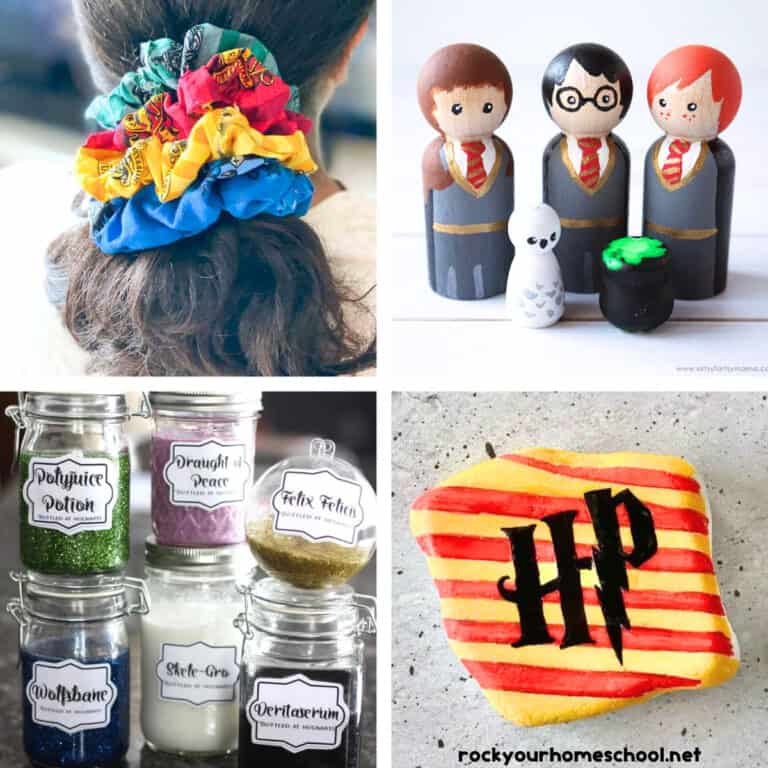 4 examples of DIY Harry Potter party favor ideas like hair scrunchies, peg dolls, slime, and painted rocks.