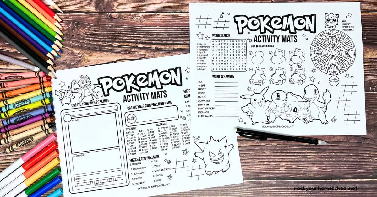 Two examples of free printable Pokemon activity sheets with color pencils, crayons, and markers.