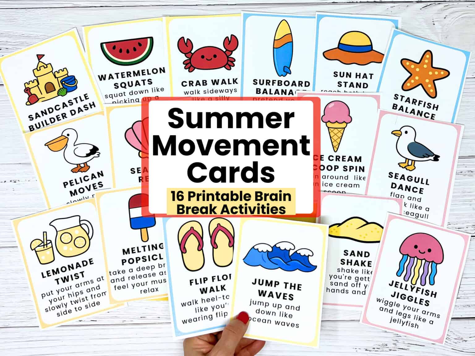 Woman holding 16 movement cards with summer themes for kids to enjoy active learning fun.