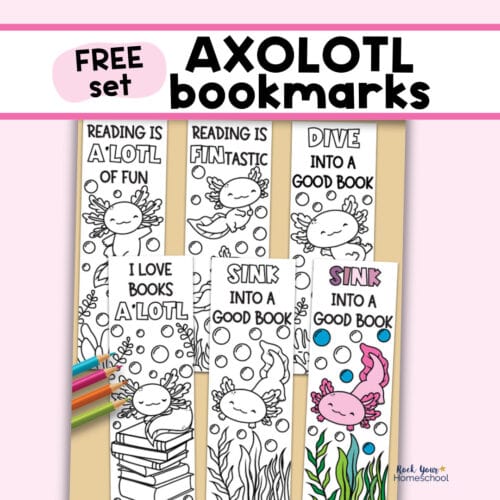 Examples of 5 free printable axolotl bookmarks to color.
