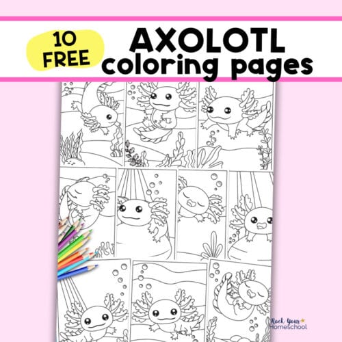 10 examples of free printable cute axolotl coloring pages.