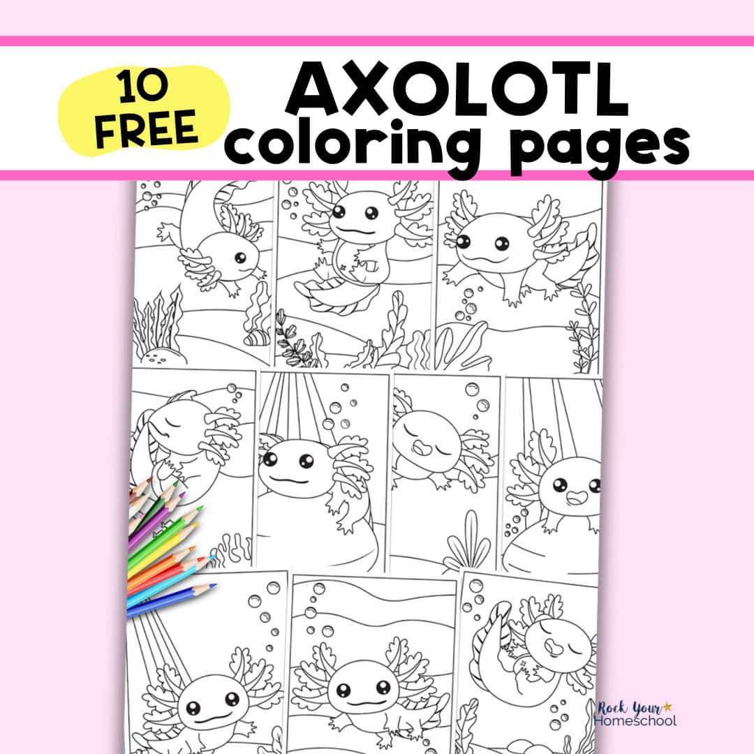 10 examples of free printable cute axolotl coloring pages.
