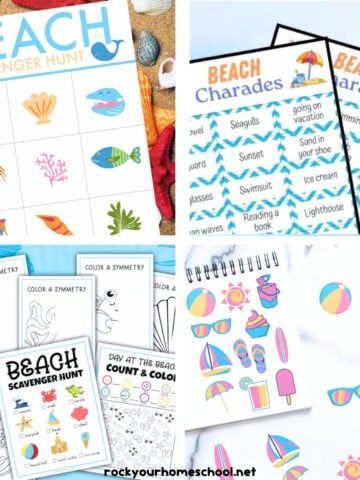 Four examples of free beach printables with scavenger hunt, charades, activities pack, and stickers.