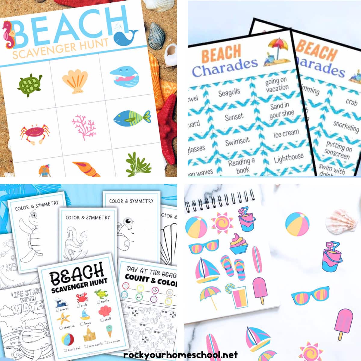 Four examples of free beach printables with scavenger hunt, charades, activities pack, and stickers.