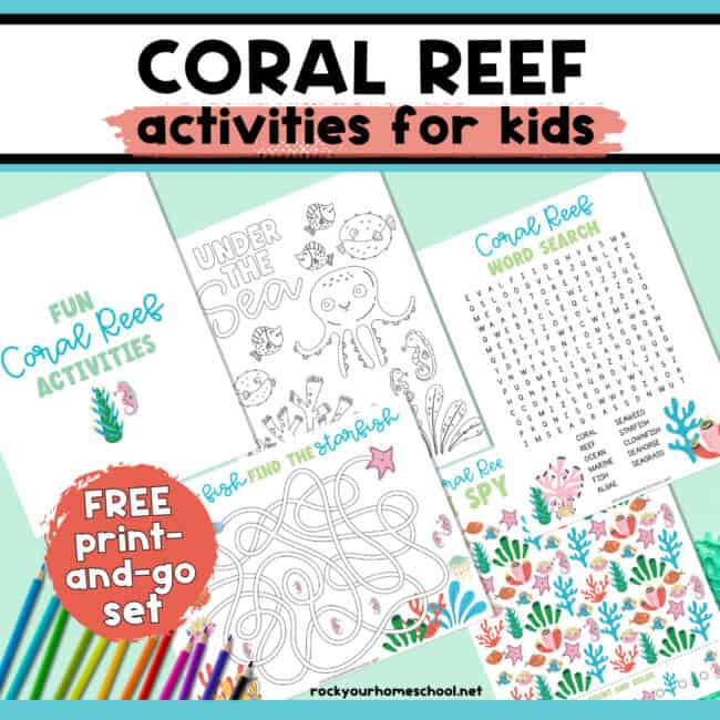 Examples of free printable coral reef activities for kids with maze, word search, I Spy, and coloring.