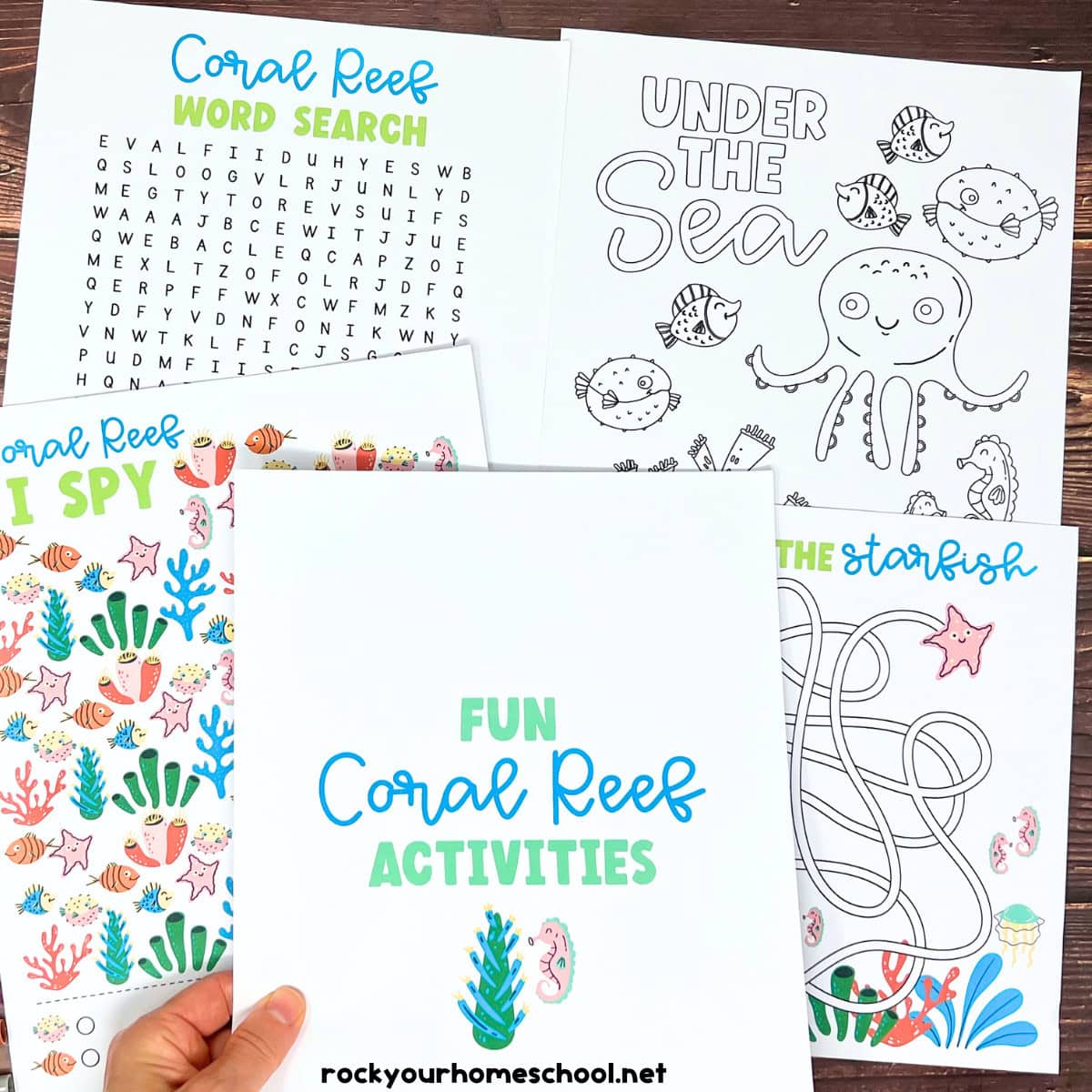 Woman holding cover of fun coral reef activities for kids with examples of pages in background.