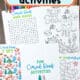 Examples of free printable pages from coral reef activities for kids pack with word search, I Spy, maze, and coloring page.
