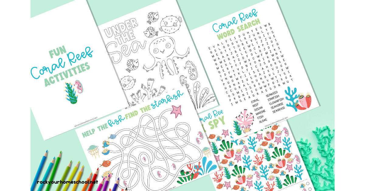 Example of free printable activities with coral reef themes.
