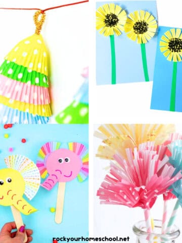 Four examples of cupcake liner crafts for kids with Christmas trees, sunflowers, owl, and elephants.