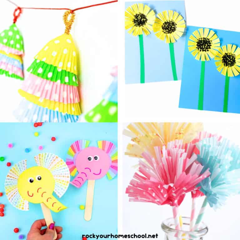 Four examples of cupcake liner crafts for kids with Christmas trees, sunflowers, owl, and elephants.