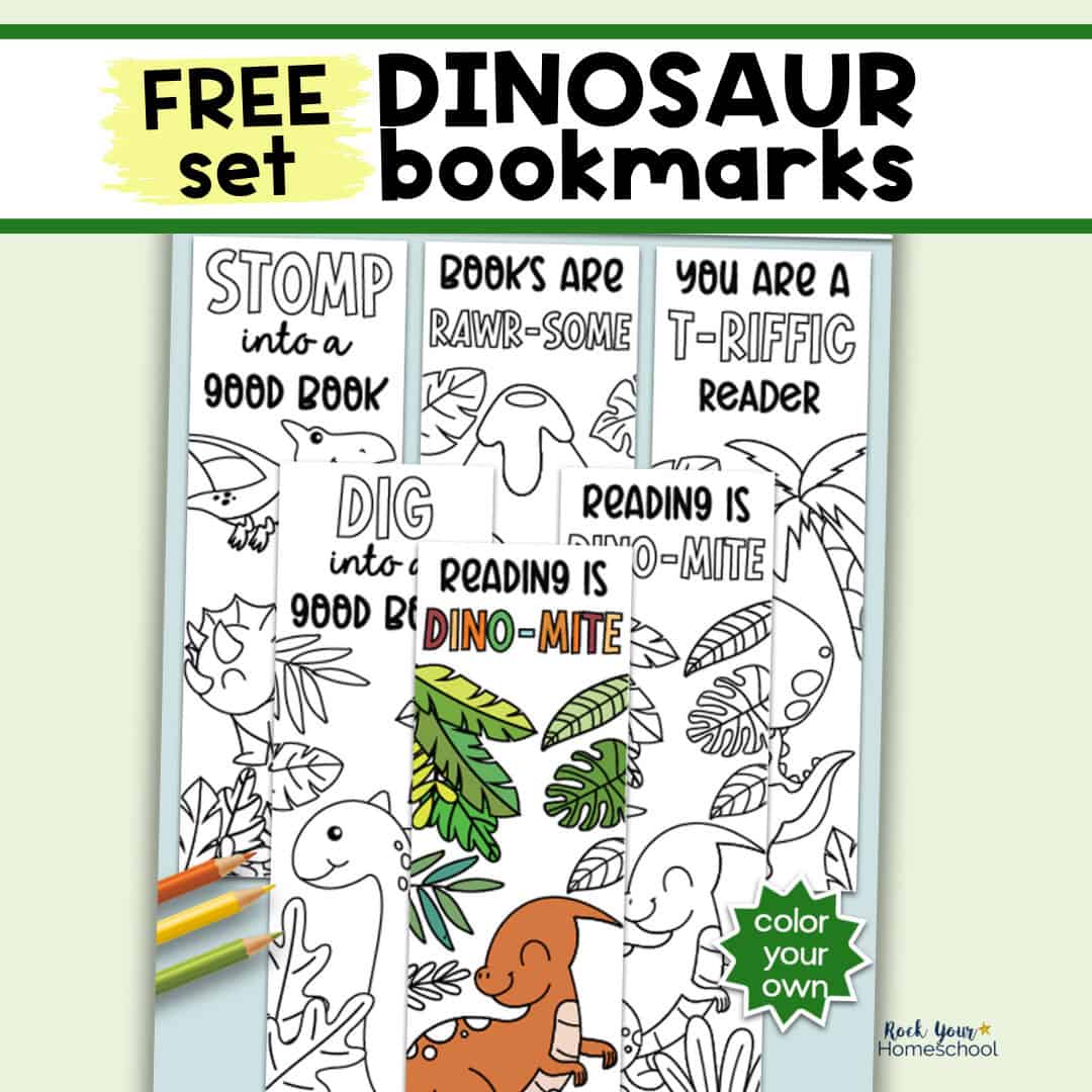 Examples of free printable dinosaur bookmarks to color.