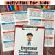 Examples of free printable emotional intelligence activities for kids on red clipboard.