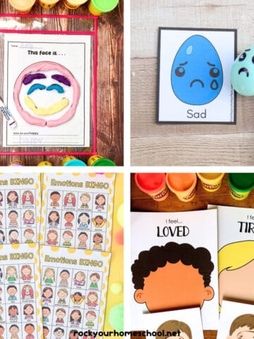 4 examples of free emotions printables for kids with playdough, egg, bingo, and more.