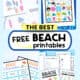 Four examples of free beach printables with stickers, under the sea bingo game card, charades, and activities pack.